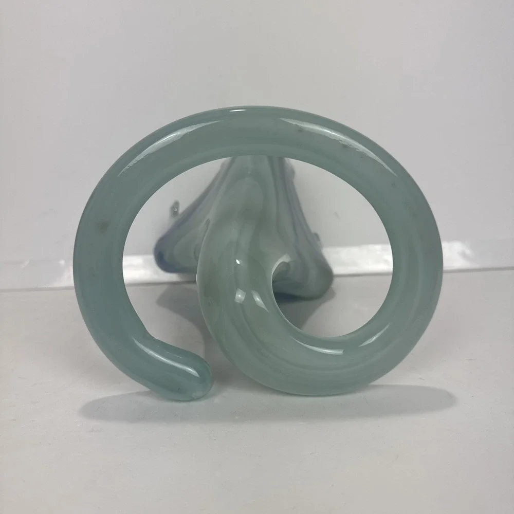 VTG Y2K Hand Blown Art Glass Swirl Vase OS Blue Green Ruffled Spiral